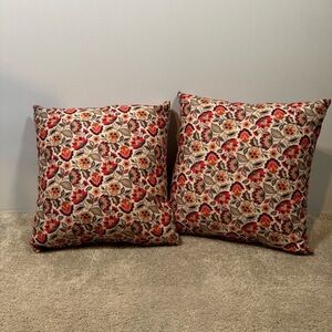 2 Floral Tapestry Throw Pillows Red Brown Yellow Gray Multicolor 16” Square Set